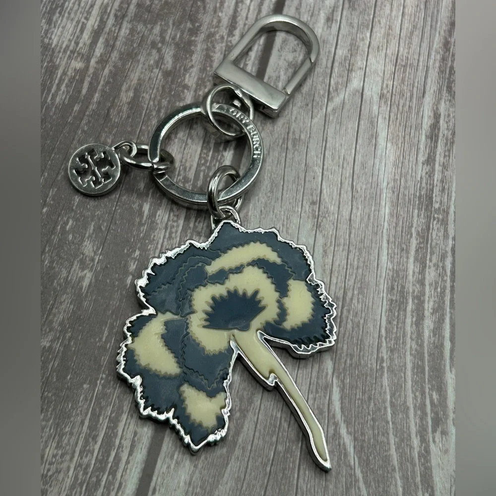 TORY BURCH Carnation Enamel Bag Charm/ Keychain Blue White Silver